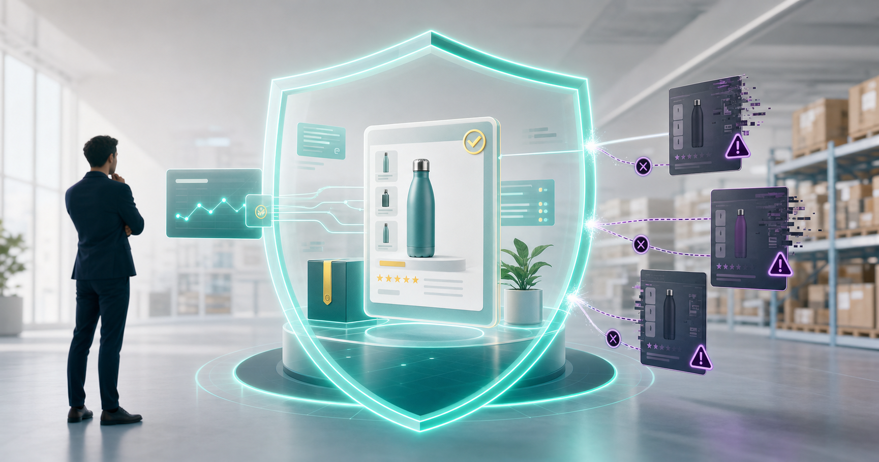 Protected product listing shield blocking suspicious duplicate seller cards