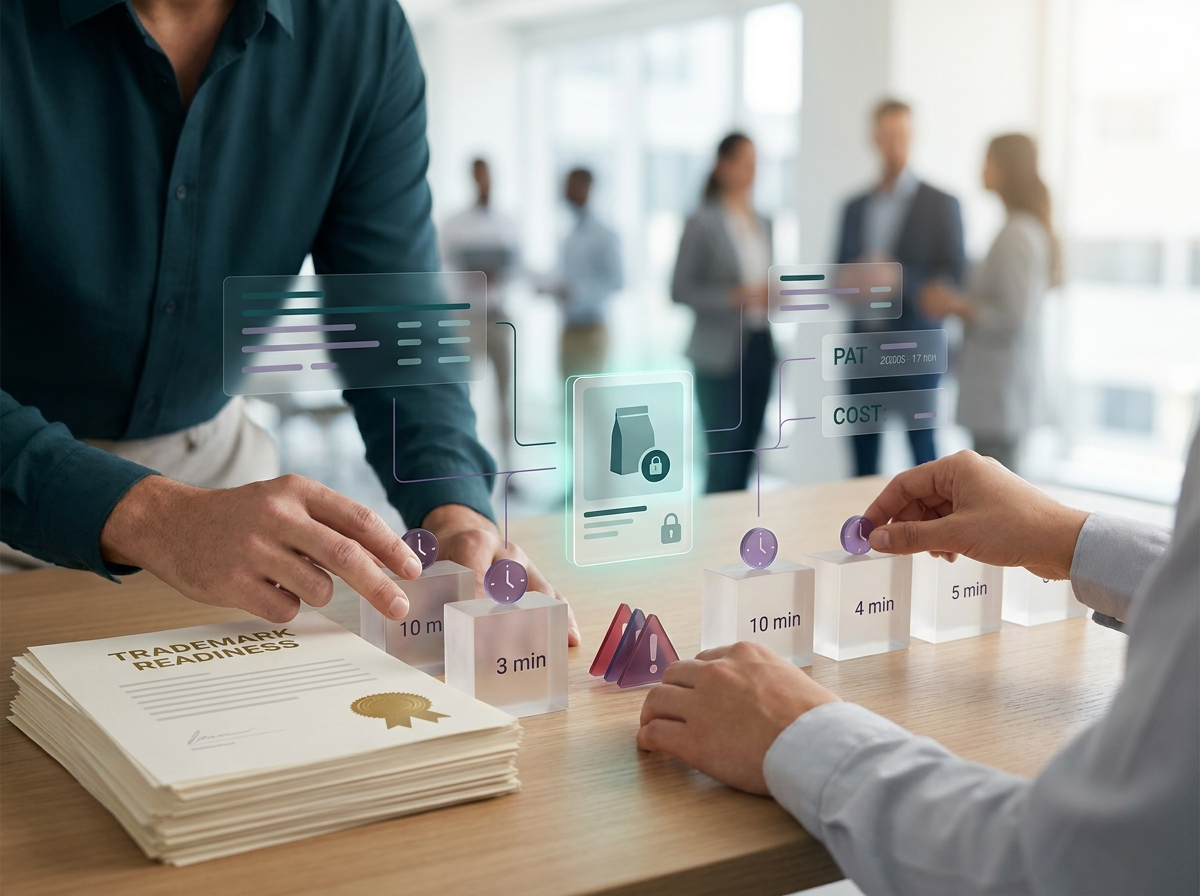 Brand Registry cost planning desk with trademark paperwork and delayed-protection risk signals