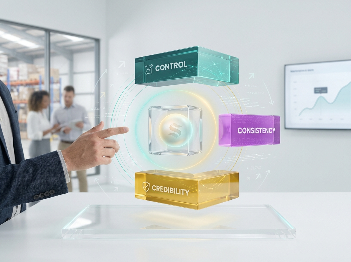 Control, consistency, and credibility shown as three linked brand management layers