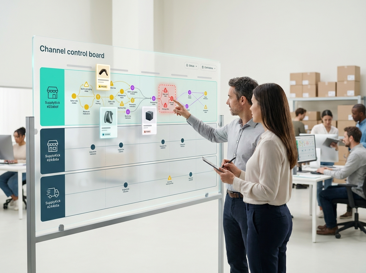 Multi-channel brand protection board showing higher seller-risk activity on Amazon