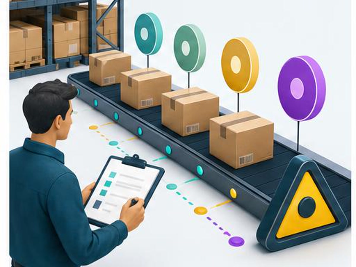 Product cartons moving through a first-in first-out inventory rotation lane