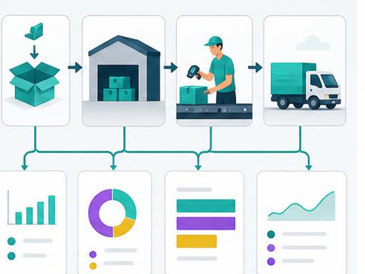Fulfillment workflow from seller prep through warehouse storage, pick-pack, and delivery