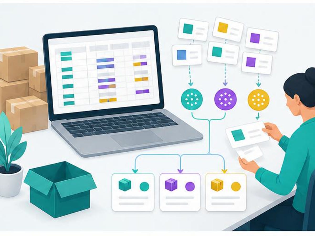 Inventory export analysis with blank spreadsheet grid, product cartons, and color-coded signals