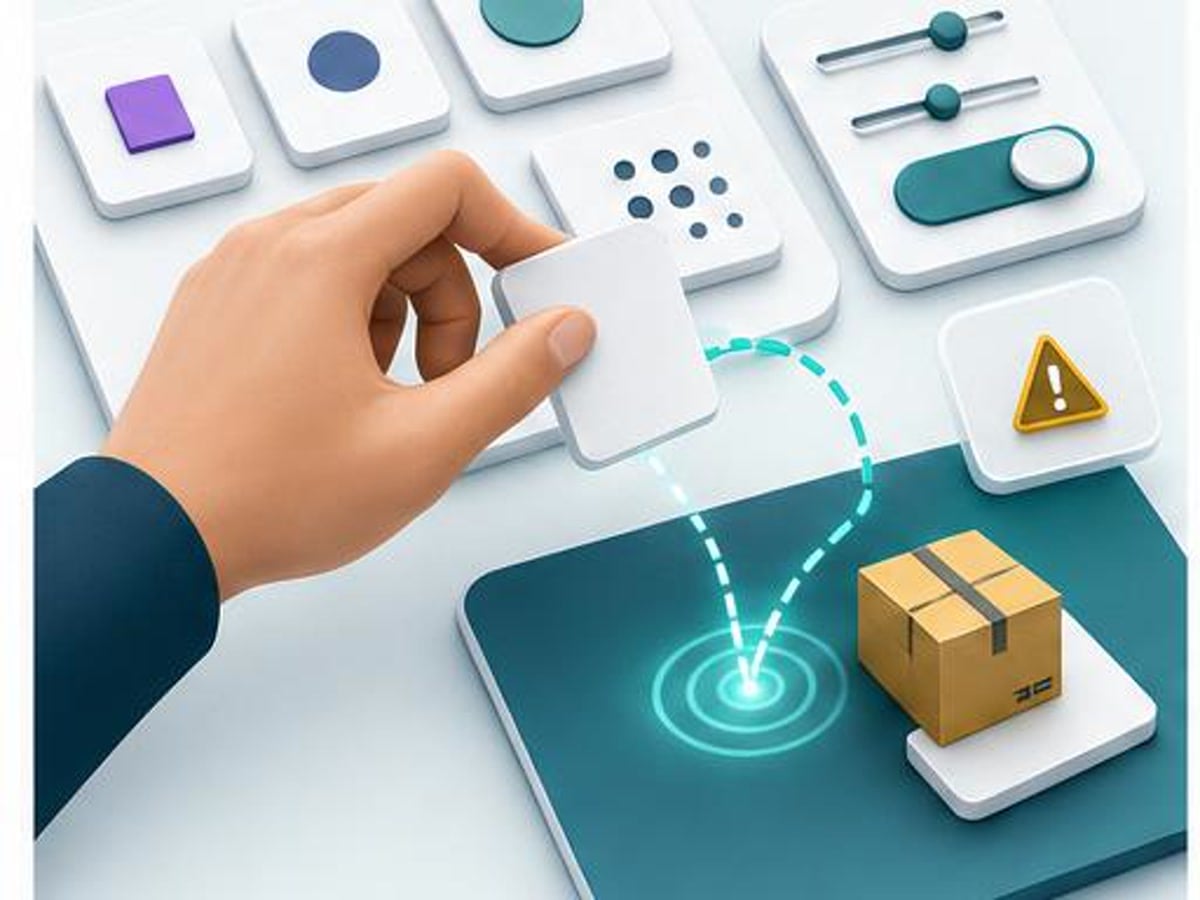 Abstract manage inventory workflow with blank SKU tiles, edit controls, and alert signals
