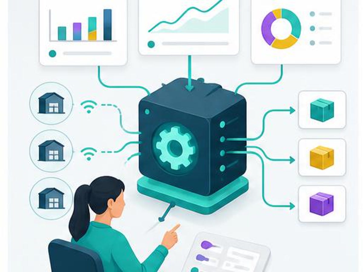 Abstract inventory software engine linking reports, warehouse signals, and product flow